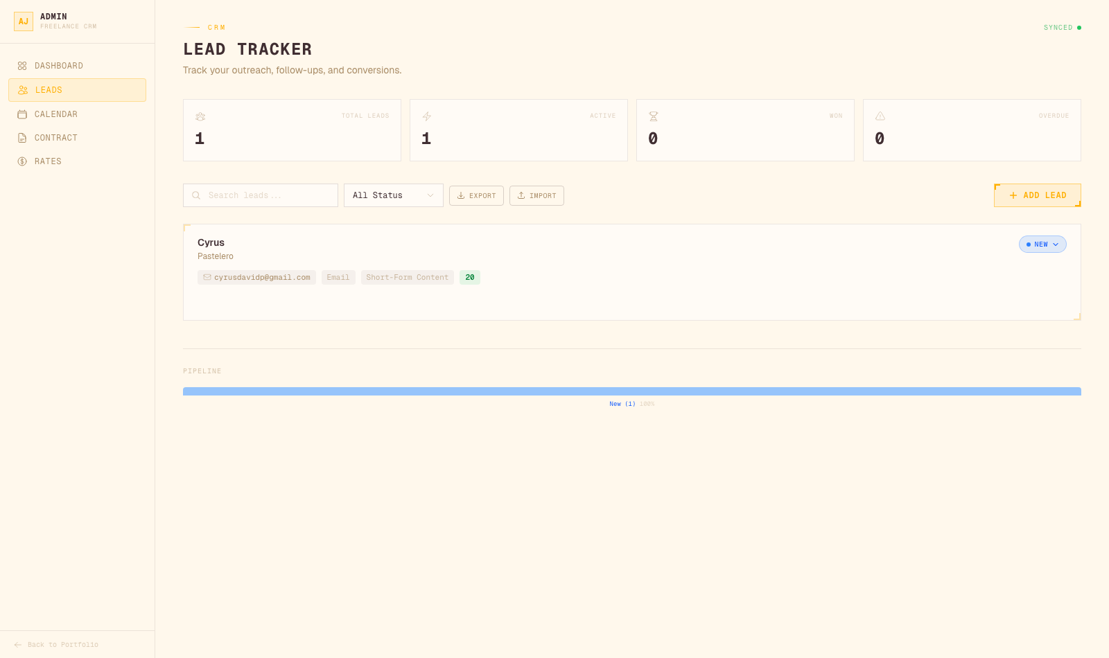 Admin leads view: CRM with sidebar navigation, search, pipeline bar, and cloud sync