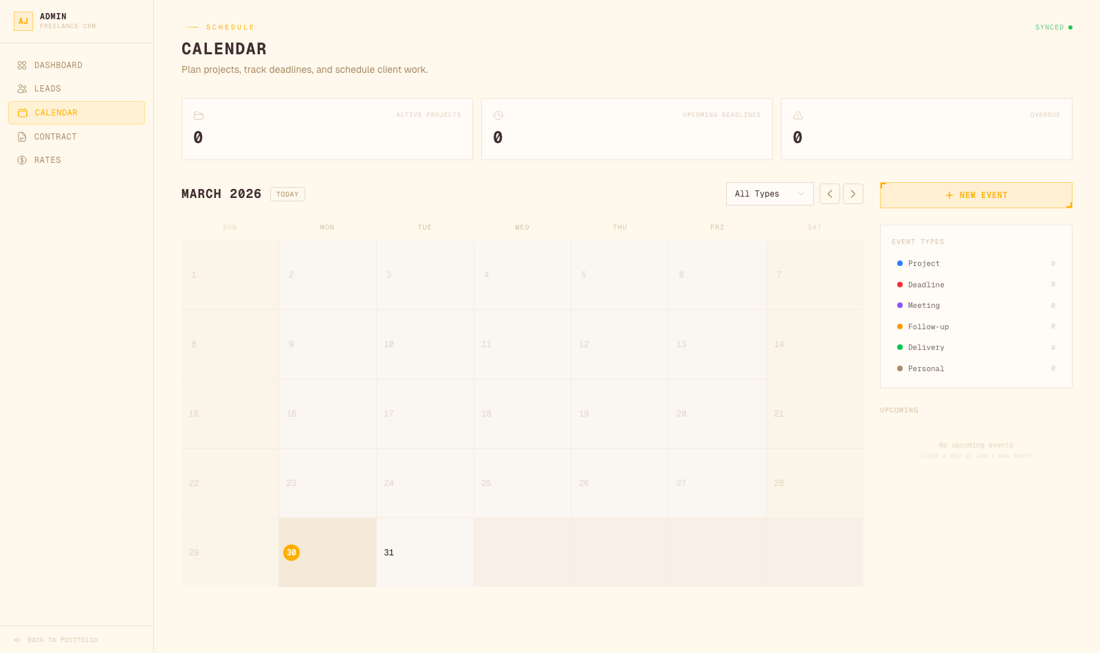 Project calendar: monthly view with event types, filters, and upcoming events sidebar