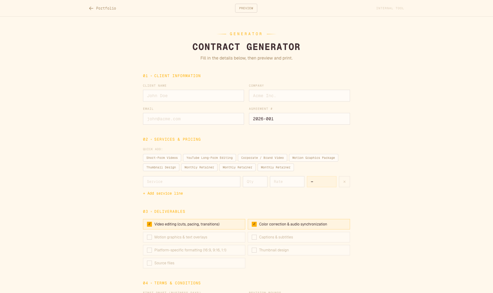 The contract generator: client info, service presets, deliverables checklist, PDF export