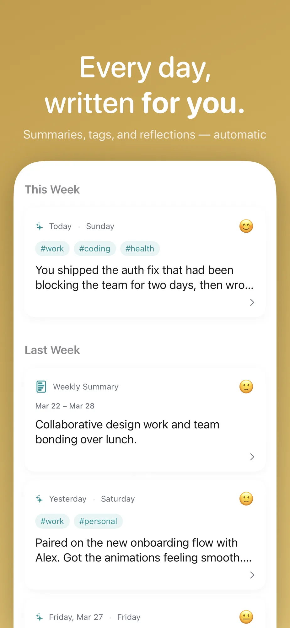 Daily journal log with summaries and tags