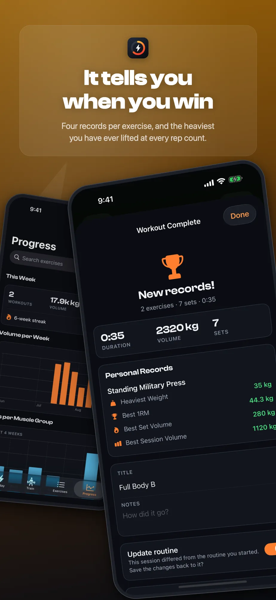 Records: four records per exercise plus heaviest-per-rep-count table