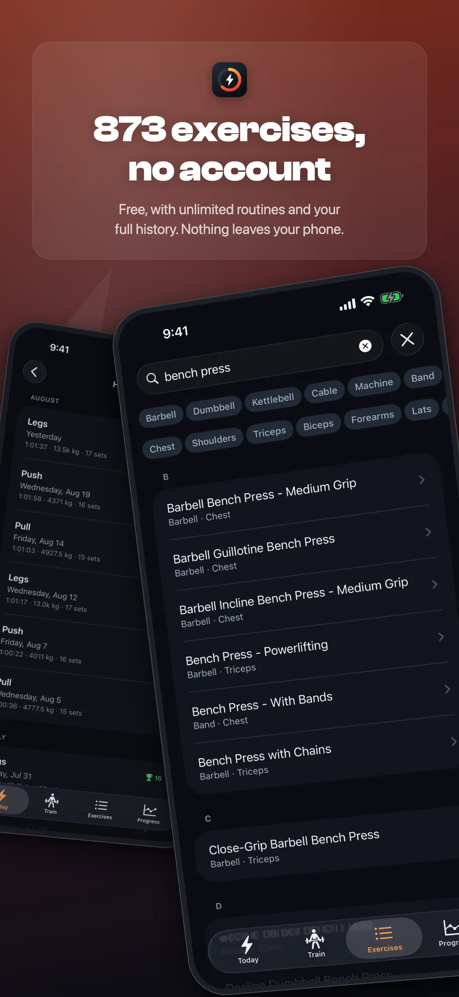 Exercise library: 873 exercises searchable by name, muscle, or equipment